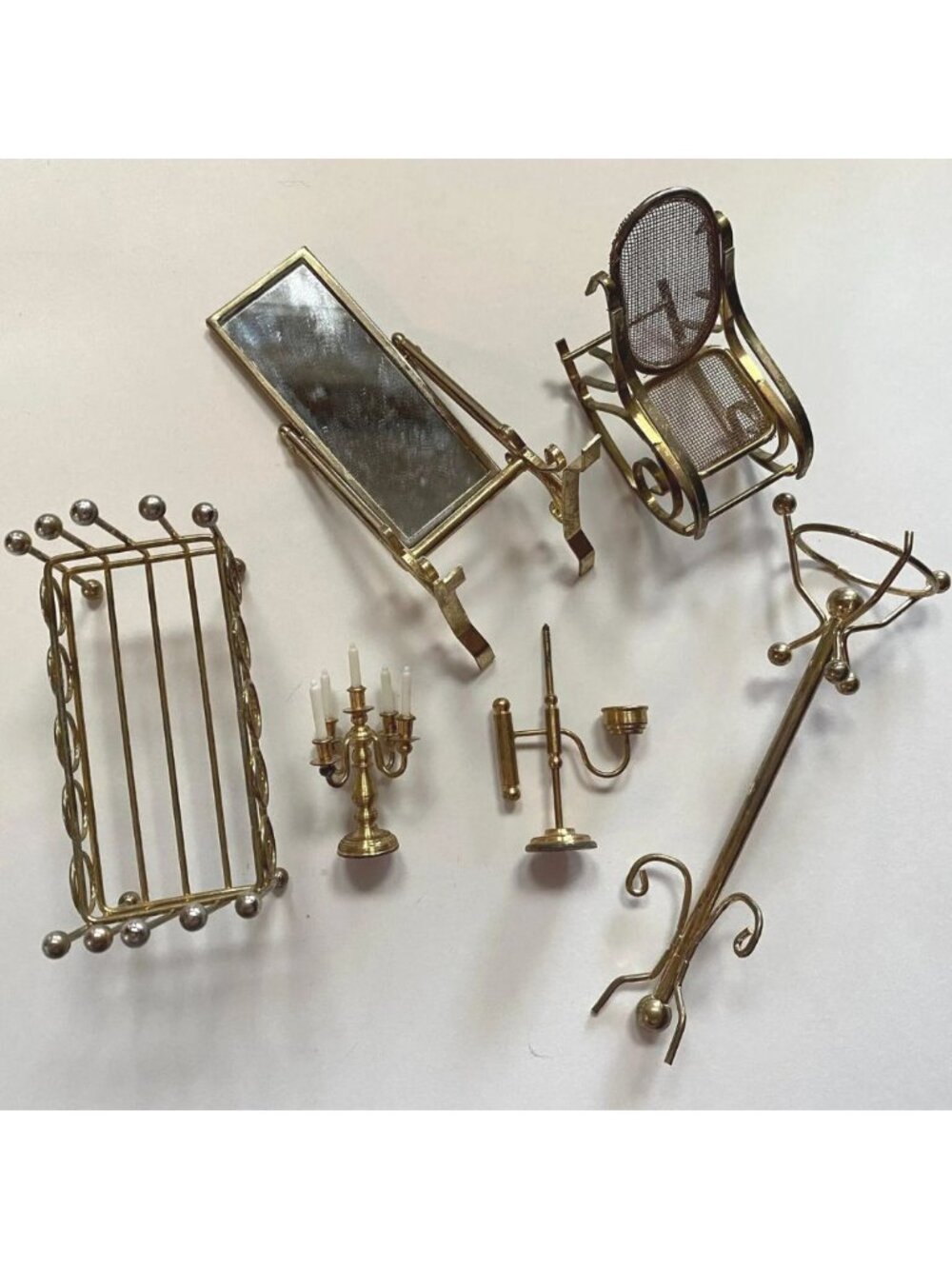 Brass Dollhouse Furniture Mini 70s 80s Mirror Candelabra Coat Rack Chair